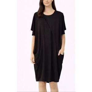 New York & Company black draped pocket front vneck dress M
